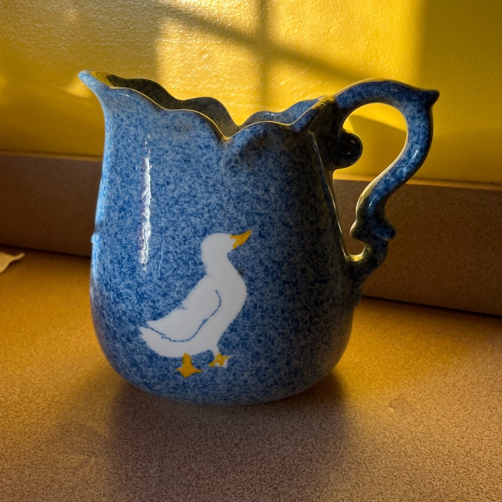Blue Speckled Pitcher with Duck Design beveled edges